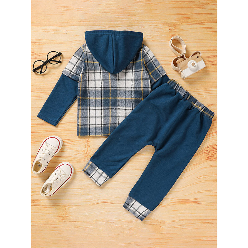 Toddler Boy Plaid Hoodie & Pants Set – 2-Piece Long Sleeve Outfit for Fall & Everyday Wear