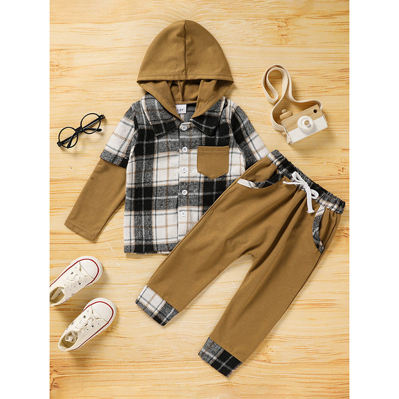 Toddler Boy Plaid Hoodie & Pants Set – 2-Piece Long Sleeve Outfit for Fall & Everyday Wear