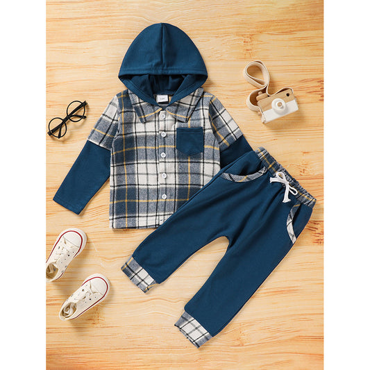 Toddler Boy Plaid Hoodie & Pants Set – 2-Piece Long Sleeve Outfit for Fall & Everyday Wear